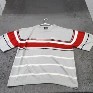 Southpole Mens XL Short Sleeve Knit Sweater Grey Red Striped Crew Neck Vintage